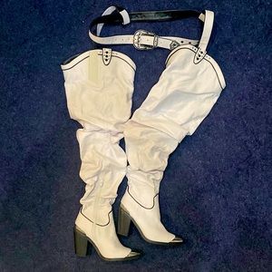 Thigh high fabric boots with attached belt